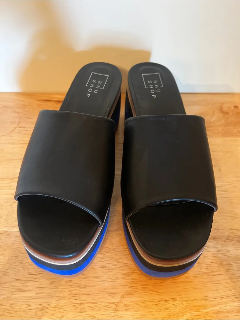 ShuShop Black Slide Mules with Blue and Brown Striped Platform